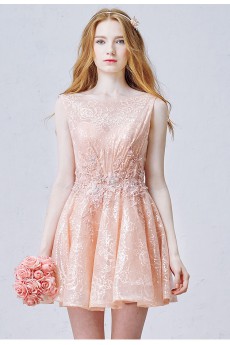 Lace, Tulle Bateau Mini/Short Sleeveless A-line Dress with Sequins, Rhinestone, Pearl