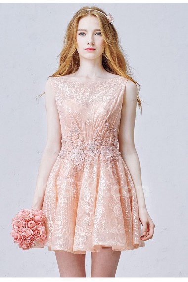 Lace, Tulle Bateau Mini/Short Sleeveless A-line Dress with Sequins, Rhinestone, Pearl