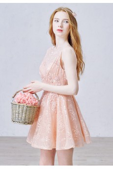 Lace, Tulle Bateau Mini/Short Sleeveless A-line Dress with Sequins, Rhinestone, Pearl