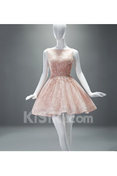 Lace, Tulle Bateau Mini/Short Sleeveless A-line Dress with Sequins, Rhinestone, Pearl