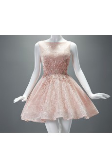 Lace, Tulle Bateau Mini/Short Sleeveless A-line Dress with Sequins, Rhinestone, Pearl