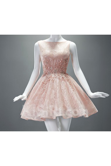 Lace, Tulle Bateau Mini/Short Sleeveless A-line Dress with Sequins, Rhinestone, Pearl