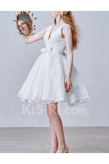 Lace V-neck Knee-Length Sleeveless A-line Dress with Beads, Sash