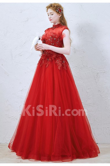 Tulle High Collar Floor Length Cap Sleeve A-line Dress with Beads, Sequins