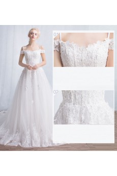 Tulle, Lace Off-the-Shoulder Chapel Train A-line Dress with Sequins