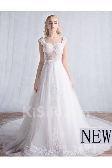 Tulle, Lace Square Chapel Train Cap Sleeve A-line Dress with Bow