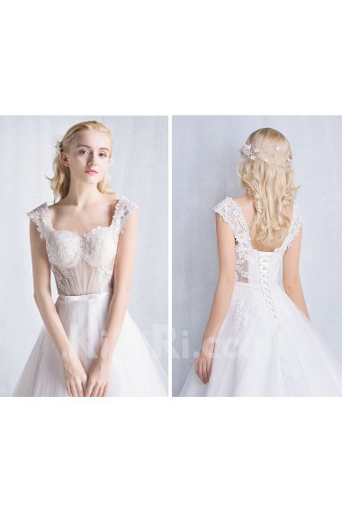 Tulle, Lace Square Chapel Train Cap Sleeve A-line Dress with Bow