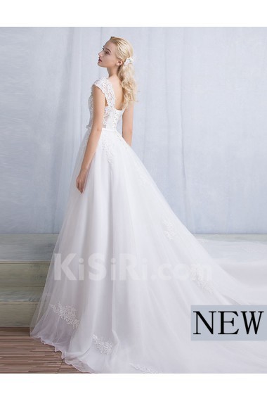 Tulle, Lace Square Chapel Train Cap Sleeve A-line Dress with Bow