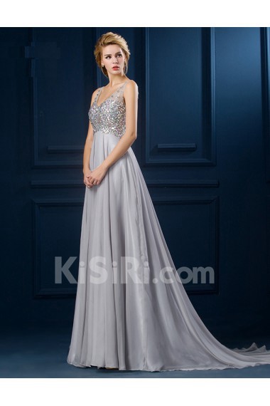 Tulle, Lace V-neck Sweep Train Sleeveless A-line Dress with Rhinestone