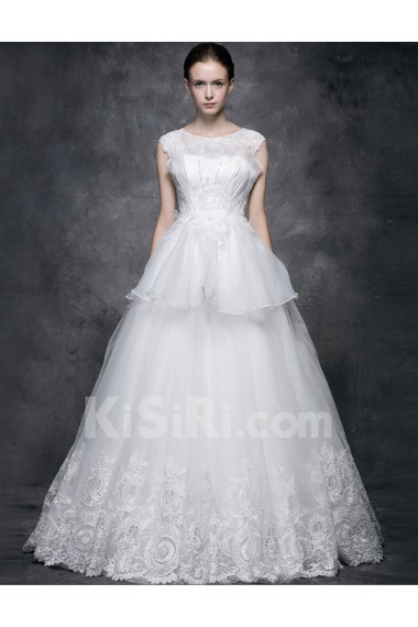 Lace, Satin, Tulle Jewel Floor Length Cap Sleeve Ball Gown Dress with Beads, Bow