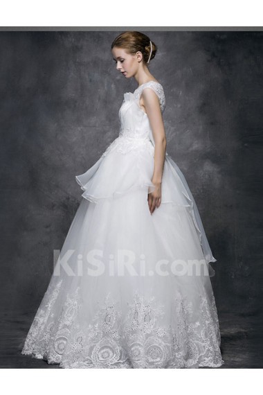 Lace, Satin, Tulle Jewel Floor Length Cap Sleeve Ball Gown Dress with Beads, Bow