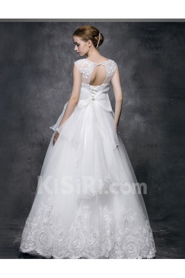 Lace, Satin, Tulle Jewel Floor Length Cap Sleeve Ball Gown Dress with Beads, Bow