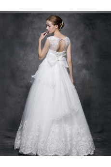 Lace, Satin, Tulle Jewel Floor Length Cap Sleeve Ball Gown Dress with Beads, Bow