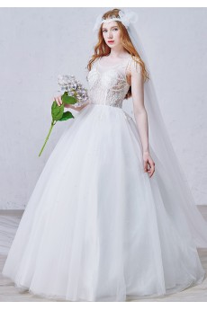 Lace, Tulle Scoop Floor Length Sleeveless Ball Gown Dress with Pearl