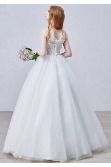 Lace, Tulle Scoop Floor Length Sleeveless Ball Gown Dress with Pearl