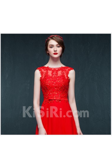 Chiffon, Lace Jewel Sweep Train Sleeveless A-line Dress with Bow