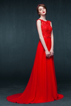 Chiffon, Lace Jewel Sweep Train Sleeveless A-line Dress with Bow