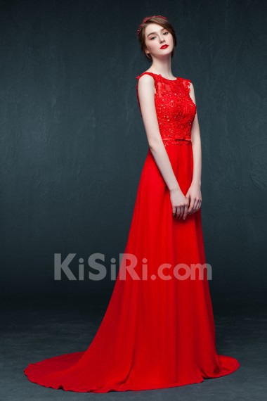 Chiffon, Lace Jewel Sweep Train Sleeveless A-line Dress with Bow