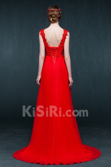 Chiffon, Lace Jewel Sweep Train Sleeveless A-line Dress with Bow