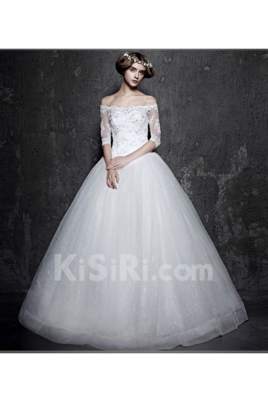 Lace, Satin Off-the-Shoulder Floor Length Half Sleeve Ball Gown Dress with Rhinestone