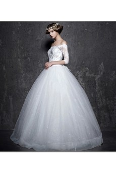 Lace, Satin Off-the-Shoulder Floor Length Half Sleeve Ball Gown Dress with Rhinestone