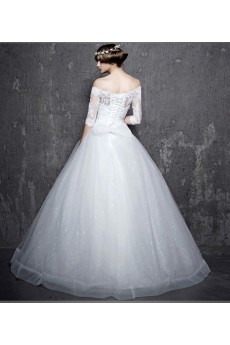 Lace, Satin Off-the-Shoulder Floor Length Half Sleeve Ball Gown Dress with Rhinestone