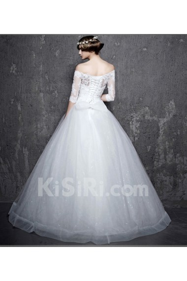 Lace, Satin Off-the-Shoulder Floor Length Half Sleeve Ball Gown Dress with Rhinestone