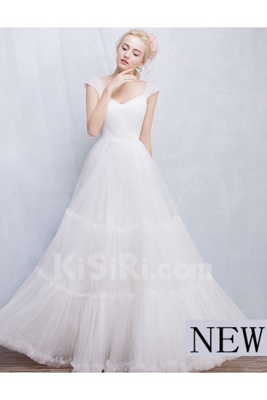 Tulle, Lace V-neck Floor Length Cap Sleeve Ball Gown Dress with Pearl