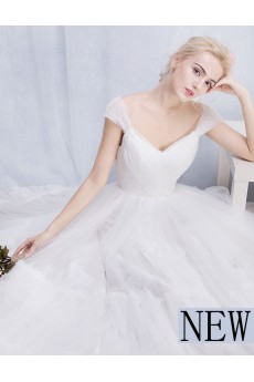 Tulle, Lace V-neck Floor Length Cap Sleeve Ball Gown Dress with Pearl