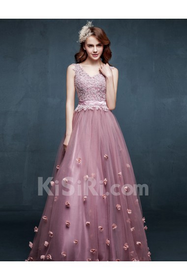 Tulle, Lace, Satin V-neck Floor Length Sleeveless A-line Dress with Handmade Flowers, Sash