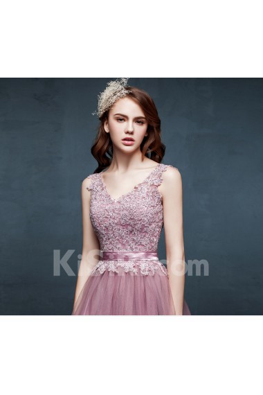 Tulle, Lace, Satin V-neck Floor Length Sleeveless A-line Dress with Handmade Flowers, Sash