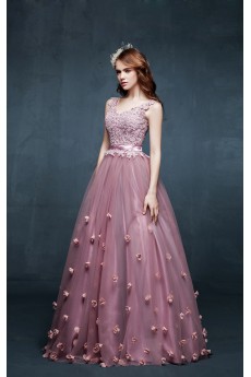 Tulle, Lace, Satin V-neck Floor Length Sleeveless A-line Dress with Handmade Flowers, Sash