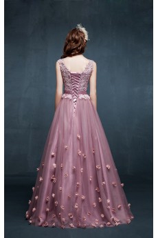 Tulle, Lace, Satin V-neck Floor Length Sleeveless A-line Dress with Handmade Flowers, Sash