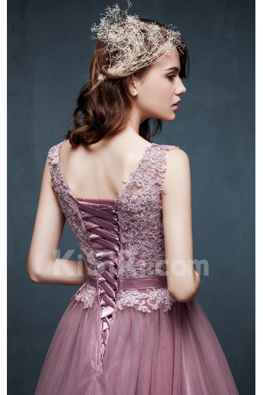 Tulle, Lace, Satin V-neck Floor Length Sleeveless A-line Dress with Handmade Flowers, Sash