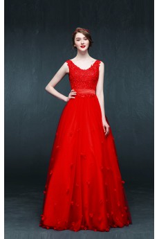 Tulle, Lace, Satin V-neck Floor Length Sleeveless A-line Dress with Handmade Flowers, Sash