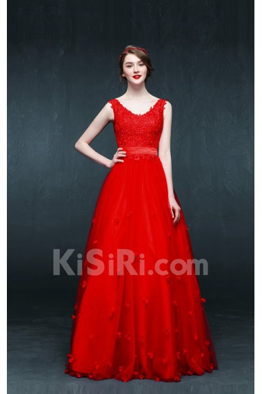 Tulle, Lace, Satin V-neck Floor Length Sleeveless A-line Dress with Handmade Flowers, Sash