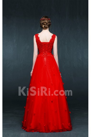 Tulle, Lace, Satin V-neck Floor Length Sleeveless A-line Dress with Handmade Flowers, Sash