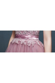 Tulle, Lace, Satin V-neck Floor Length Sleeveless A-line Dress with Handmade Flowers, Sash