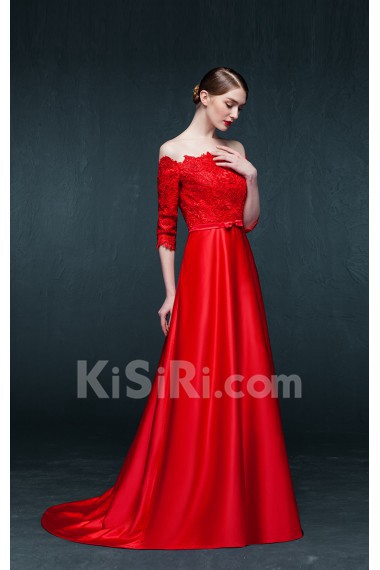 Satin, Lace Off-the-Shoulder Sweep Train Half Sleeve A-line Dress with Bow