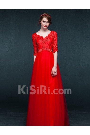 Tulle, Satin V-neck Floor Length Half Sleeve A-line Dress with Sequins