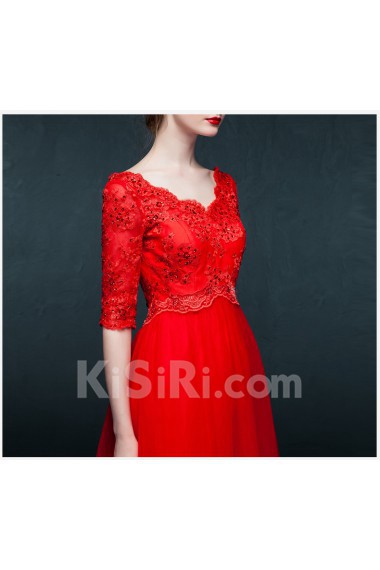 Tulle, Satin V-neck Floor Length Half Sleeve A-line Dress with Sequins