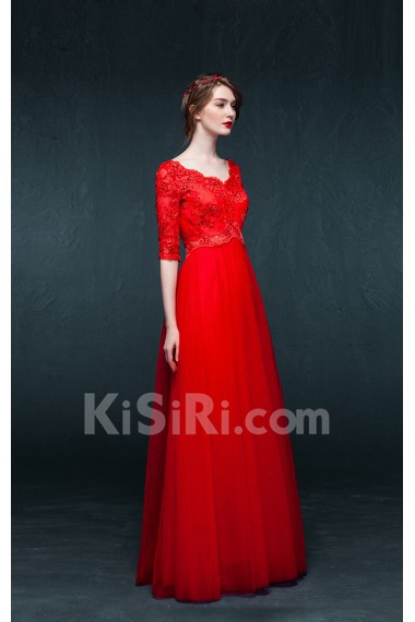 Tulle, Satin V-neck Floor Length Half Sleeve A-line Dress with Sequins