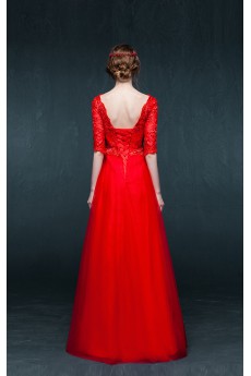 Tulle, Satin V-neck Floor Length Half Sleeve A-line Dress with Sequins