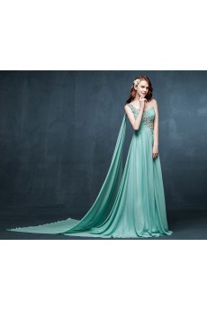 Chiffon, Satin One-shoulder Sweep Train Sleeveless A-line Dress with Rhinestone