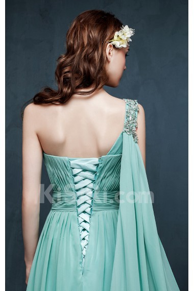 Chiffon, Satin One-shoulder Sweep Train Sleeveless A-line Dress with Rhinestone