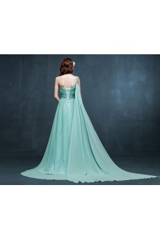 Chiffon, Satin One-shoulder Sweep Train Sleeveless A-line Dress with Rhinestone