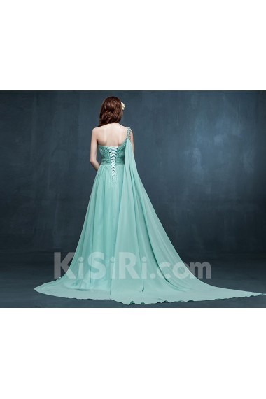 Chiffon, Satin One-shoulder Sweep Train Sleeveless A-line Dress with Rhinestone