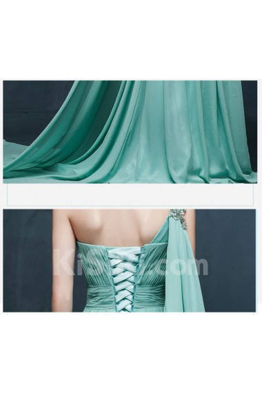 Chiffon, Satin One-shoulder Sweep Train Sleeveless A-line Dress with Rhinestone