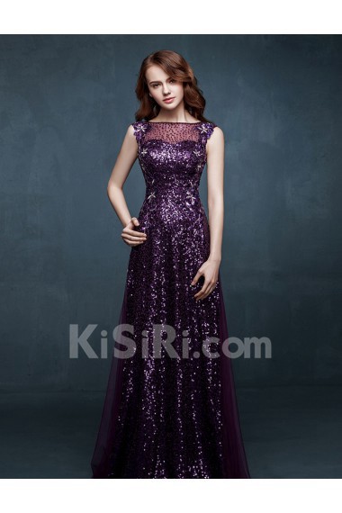 Tulle Bateau Floor Length Sleeveless Sheath Dress with Sequins