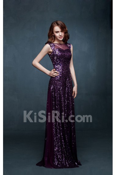 Tulle Bateau Floor Length Sleeveless Sheath Dress with Sequins